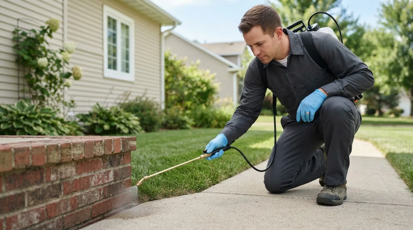 Pest control technician treating a home near Warner, NH